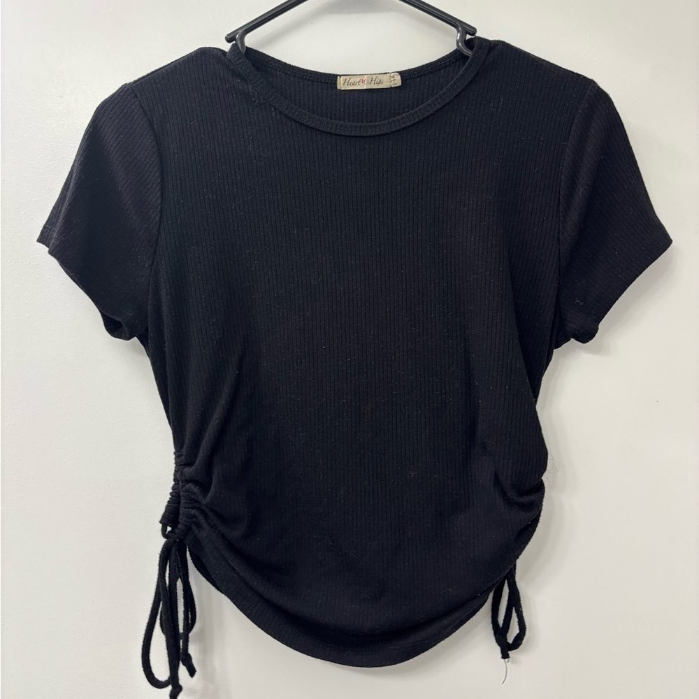 Tie Hips Black Ruched Short Sleeve Tee